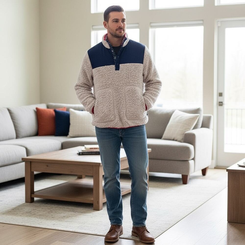 Southern Proper Old Glory Sherpa Pullover Mens Medium Cream Stars Stripes